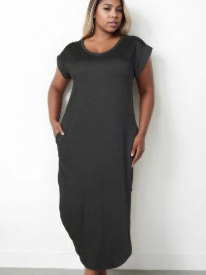 Plus Size Hidden Pocket Batwing Sleeve V Neck Long Dress