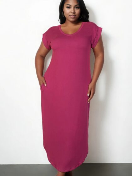 Plus Size Hidden Pocket Batwing Sleeve V Neck Long Dress