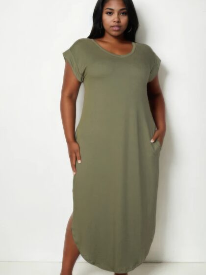 Plus Size Hidden Pocket Batwing Sleeve V Neck Long Dress
