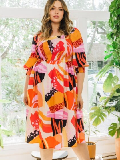 Plus Floral Print Square Neckline Midi Dress