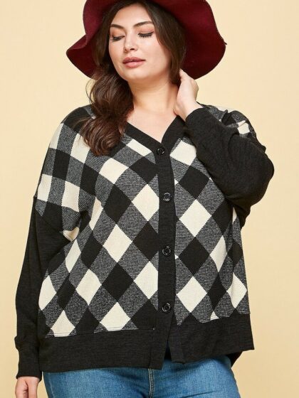 Plus Size Buffalo Plaid Knit Button Up Oversize Cardigan