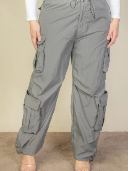 Plus Size Flap Pockets Drawstring Ruched Parachute Pants
