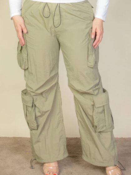 Plus Size Flap Pockets Drawstring Ruched Parachute Pants