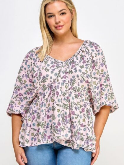 Floral V-neck Babydoll Balloon Slv Top