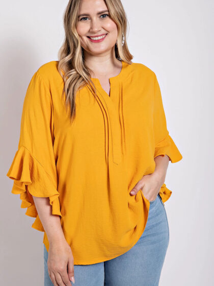 Ruffled Bell Sleeve And Front Pleated Detail Top