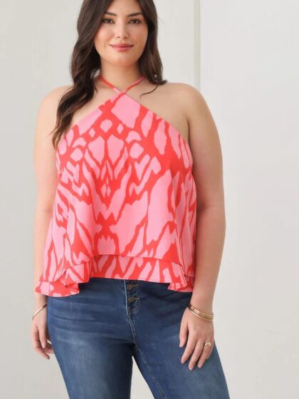 Plus Size Abstract Print Halter Ruffle Hem Top