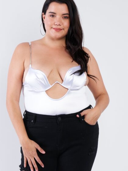Plus Size Silk Chain Spaghetti Strap High Thong Center Cut Out Bodysuit
