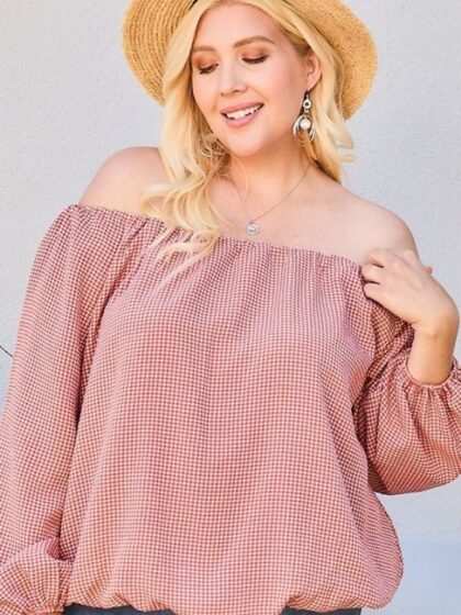Off Shoulder Long Bubble Sleeve Plaid Top