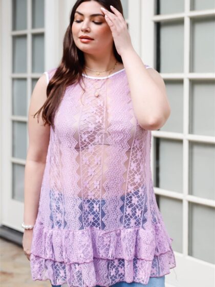 Plus  Lace Sheer Ruffle Hem Sleeveless Maxi Top