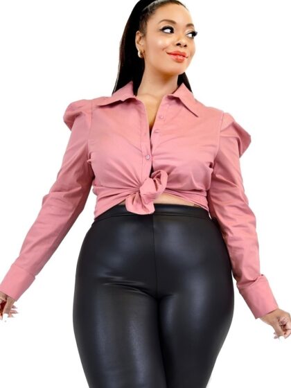 Plus Solid Poplin Puff Sleeve Shirt