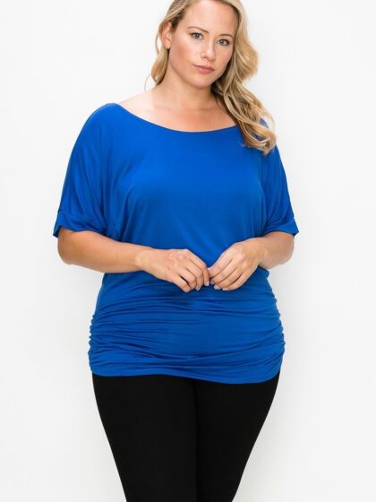 Short Sleeve Top Featuring A Round Neck And Ruched Sides