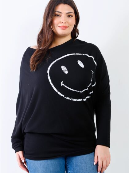 Plus Smile Front Print Flannel Dolman Sleeve Top