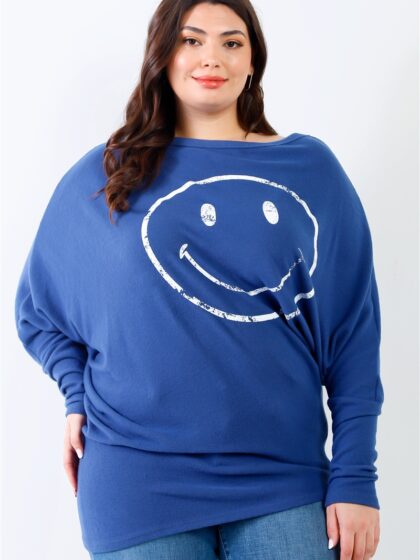 Plus Smile Front Print Flannel Dolman Sleeve Top