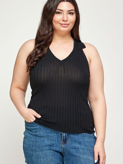 Plus Size, Solid Ribbed Knit Polo Sleeveless Top