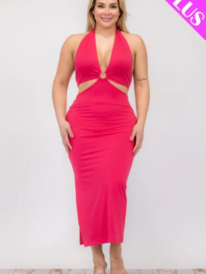Plus Size Cut-out Halter Neck Double Back Tie Split Thigh Midi Dress